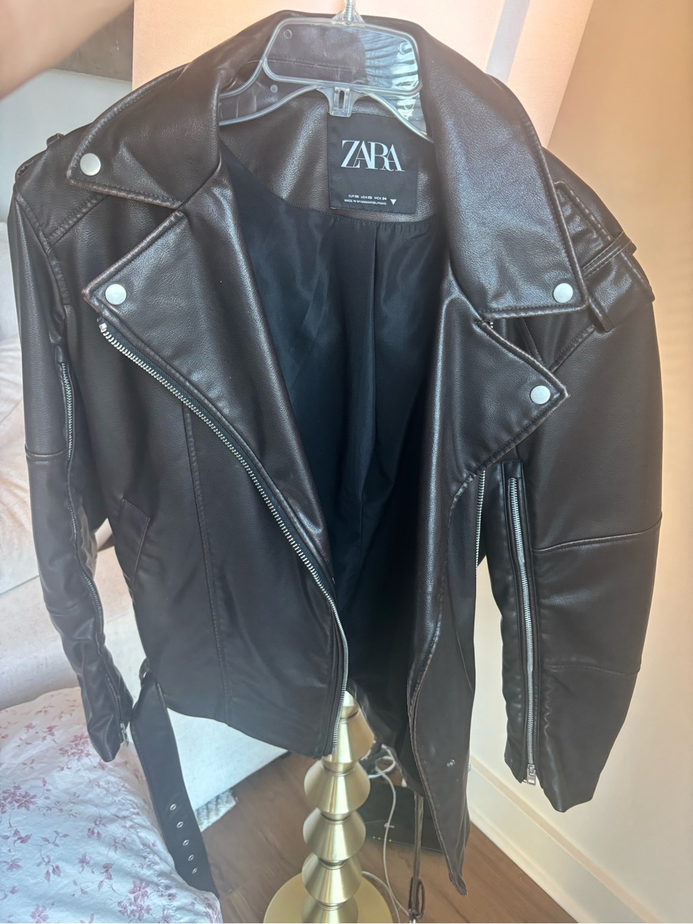 Zara brown Faux Leather Moto Jacket with Belt